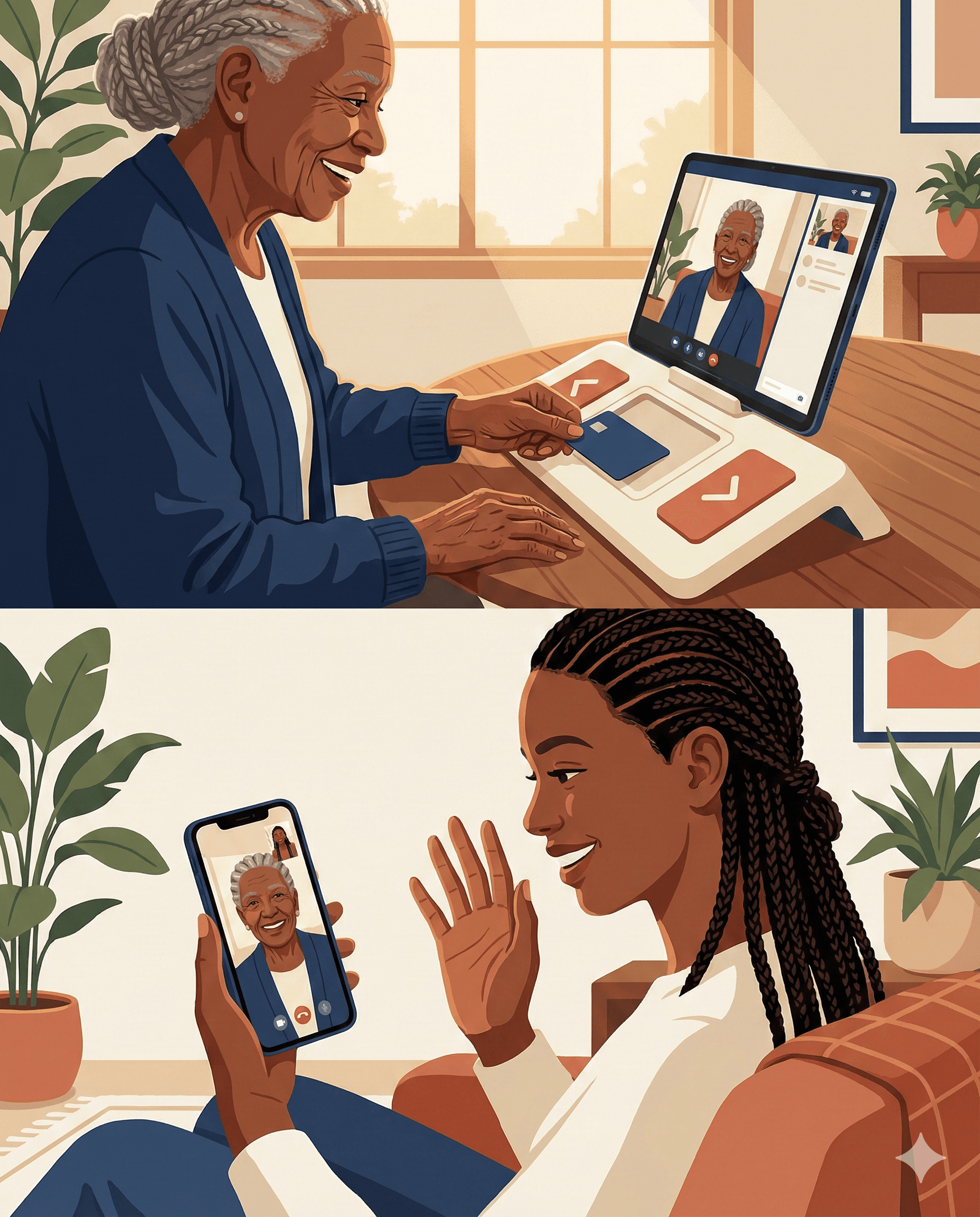 Elderly person smiling during video call